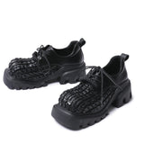 Advbridge New Square Head Knitted Leather Shoes For Women Lace Up Deep Mouth Sponge Cake Shoes Neutral Retro Height Boosting Single Shoes