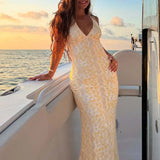 ADVBRIDGE  -  Elegant Solid Party Dress Luxury Sleeveless Deep V Suspender Evening Dress Temperament High Waist Lace Embroidery Bodycon Dress