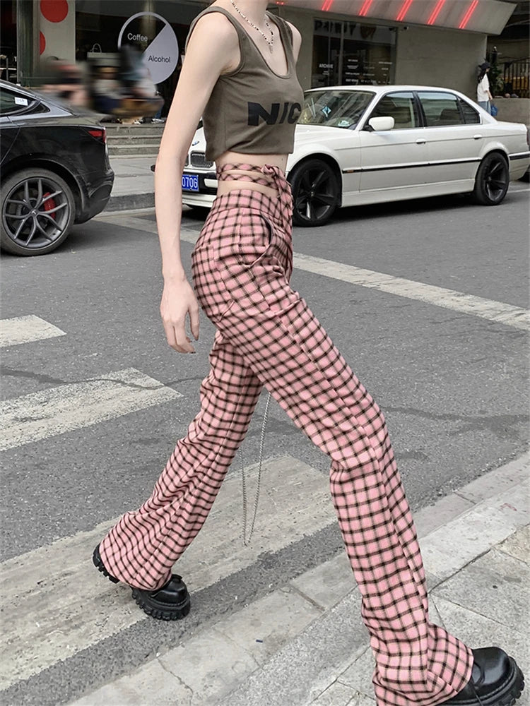 Advbridge  -  Women's Lace Up Design Vintage Plaid Pattern Casual Pants Fashion Girls Female High Waisted Skinny Straight Thin Trousers