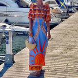 ADVBRIDGE  -  Elegant Short Sleeve Stitching Graphic Party Dress Temperament Lady Vacation Dress Bohemian Waisted V-Neck Long Dress Women