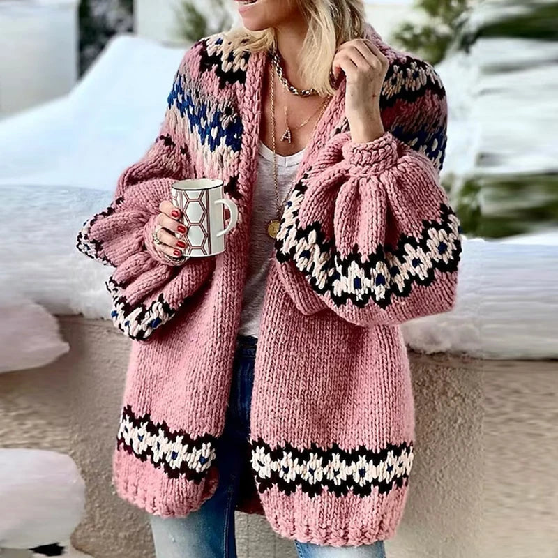 Advbridge Winter Casual Print Thickened Warm Cardigan Elegant Lantern Sleeve Knitted Outwear Women's Jacquard Street Loose Sweater Outwear