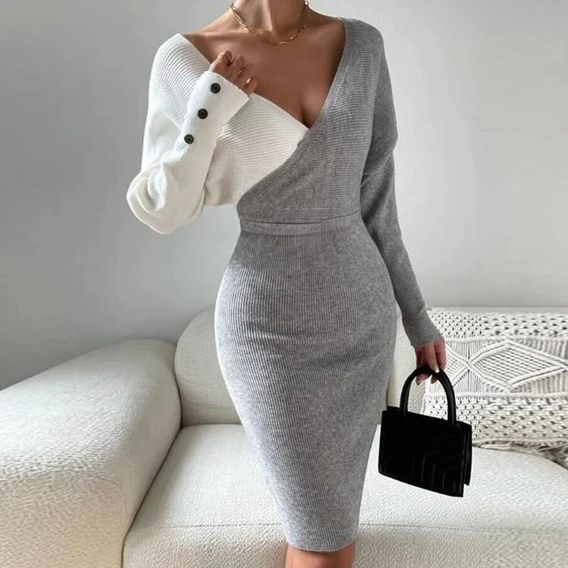 Advbridge Elegant Contrasting Colors Wrap Hip Knitting Dress Autumn Winter High Waist Mid Dress Lady V Neck Long Sleeve Commute Slim Dress