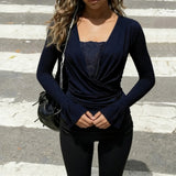 ADVBRIDGE  -  Temperament French High Street Sexy Deep V Neck Long Sleeve Shirt Fashion Cross Pleated Design Lazy Fake 2 Piece Y2k Elegant Top