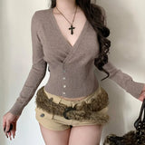 ADVBRIDGE  -  Temperament Cross V Neck Long Sleeve Double Breasted Sweater Y2k French Solid Simple Autumn Basic Clothes Lazy American Cardigan