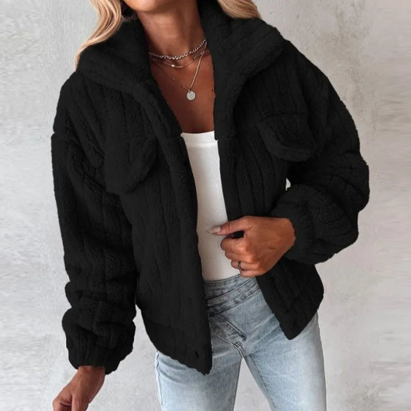 Advbridge Fashion Women Long Sleeve Button Woolen Outwear Warm Fleece Motorcycle Girls Jacket Turn Down Collar Solid Thickness Coats