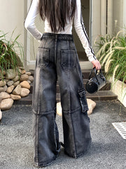 Advbridge Women's Black Gothic Cargo Baggy Jeans Y2K Japanese Harajuku Streetwear Retro 90s Aesthetics Wide Leg Jeans Pants Clothing 2025