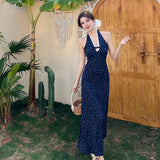 ADVBRIDGE  -  French Style Lace Halter V-neck Floral Dresses for Women Summer Blue Print Sweet Retro Long Dress Lady Casual Vacation Vestidos