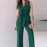 ADVBRIDGE  -  Office Lady Group Of Pants Set Elegant V Neck Sleeveless Blazer&Trousers Two Piece Outfits Summer Slim Lace-up Temperament Suit