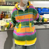 Advbridge Mens Street Y2k Colorful Striped Knitted Hooded Jacket Autumn Winter Genderless Korean Version Lazy Style Casual Sweater Unisex