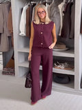 Advbridge Women Pants Set O-neck Knitted Single Breasted Vest Loose Elastic Waist Wide Leg Pants Suit Lady 2025 Spring Female Outfits ﻿