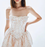 ADVBRIDGE  -  Pretty Girl Floral Print Mesh Strapless Mini Dresses Women Front Lace Up Bandage Birthday Party Dress French Bridesmaids Robe