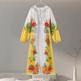 ADVBRIDGE  -  Print Linen Dress Women Elegant Loose Lace Up V Neck Vintage Vestidos Female 2024 Summer Long Sleeves Fashion High Waist Robe