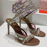Advbridge Crystal Lights Serpentine Lace-Up High-heel Party Banquet Stiletto Sexy Snake Wedding Women Shoe Luxury Rhinestone Ankle Sandals