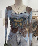 Advbridge Women's Sexy Mesh V-neck Navel-Baring T-shirt Skinny Hot Girl Denim Butterfly Embroidered Patchwork Top Essential Streetwear8921