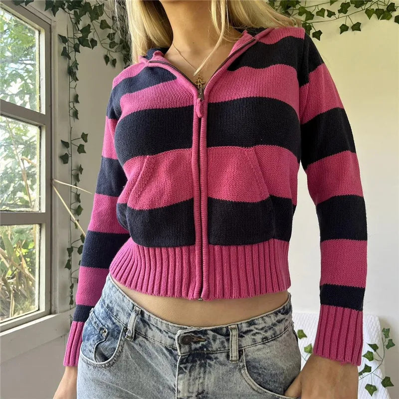 Advbridge y2k Aesthetic Zip Up Hoodie Women Emo Striped Long Sleeve Knitted Crop Tops with Pockets Grunge Sweatshirt Streetwear