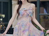 ADVBRIDGE  -  Women Summer Suspenders Dresses Sweet Oil Paint Print Retro Ruffle Strapless Elegant Sling Dress Chiffon Women's Fairy Vestidos