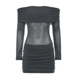 ADVBRIDGE  -  Women Bling Glitter Off Shoulder Bandage Dress Partywear Fashion Long Sleeve Mesh Sexy Mini Dress Evening Clubwear