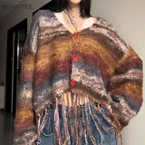 Advbridge Knitted Cardigan Women Striped Vintage Sweater Casual Baggy Autumn Streetwear V-neck Personality Soft Кардиган Женский
