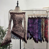 Advbridge Tie Dye Leopard Print Women's Boat Collar Big Bell Sleeve Top Lace Double Layer Mesh Irregular Y2k Shirt Blouse Summer Club Wear