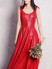 Advbridge Spring Fit and Flare Soft Faux Leather Dress Elegant Luxury Red Maxi Dresses for Women long Retro Fashion Clothes