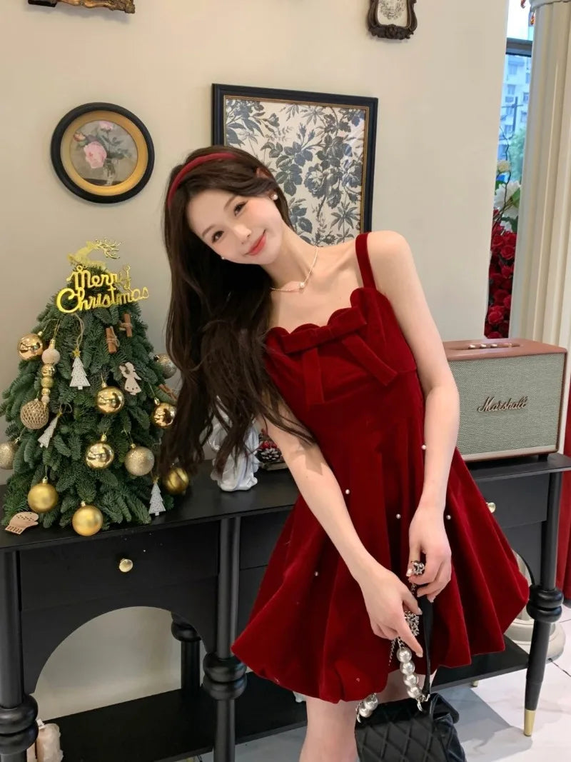 Advbridge -  French Sweet Hot Girl Butterfly Red Velvet Strap Dress for Women's Winter Christmas Fluffy Princess Dress Fashion Female Clothes