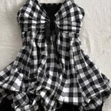ADVBRIDGE  -  Hot Girl Chic Y2k Loose Plaid Black Dress Women Gothic Vintage Sexy Sling Summer Off Shoulder Dresses Hepburn Retro A-line Dress