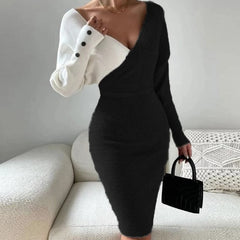 Advbridge Elegant Contrasting Colors Wrap Hip Knitting Dress Autumn Winter High Waist Mid Dress Lady V Neck Long Sleeve Commute Slim Dress