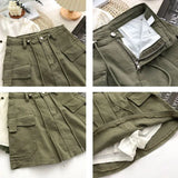 Advbridge Women Army Green Short Skirt Denim Cargo Drawstring High Waist Mini Skirts Female Y2K Streetwear Big Pocket A-Line Skirts Clothe