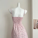 ADVBRIDGE  -  Summer Gentle Spaghetti Strap Chiffon Dress Women Korean V-Neck Lace Splicing Print Slim Long Dresses Pink Female Clothing