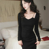 ADVBRIDGE  -  Sexy Red Spaghetti Strap Dress Women Chic Elegant Party Night Vestidos Skinny Pleated Long Sleeve Fashion Burgundy Chain Dress