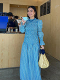 ADVBRIDGE  -  Fashion Blue Striped Pleated Long Dress Chic Flare Sleeve Round Neck Gown New Women's Summer High Street Vacation Vestidos