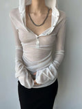 Advbridge Solid See Through Sexy Hooded Tops Vintage Bottoming Harajuku T-shirt Women Y2k Aesthetic Single Breasted Grunge Tees Streetwear