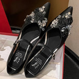 ADVBRIDGE  -  Women's genuine leather flower decoration pointed toe metal buckle slip-on Mary Jane pumps elegant ladies wedding kitten heels