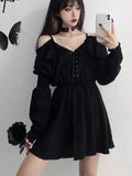 Advbridge Large Size Gothic Women Black Mini Dress Sexy Off Shoulder High Waist Tunic Ladies Party Dress Long Sleeve V Neck Vestidos