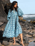 Advbridge Lantern Half Sleeve Cyan Bohemian Beach Midi Loose Dress Summer for Women Tie Up Casual Floral Holiday Midi Vestidos