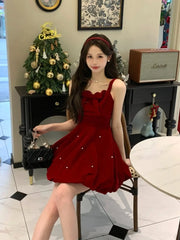 Advbridge -  French Sweet Hot Girl Butterfly Red Velvet Strap Dress for Women's Winter Christmas Fluffy Princess Dress Fashion Female Clothes