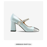 Advbridge 2025 autumn new leather sweet shallow mouth square head diamond chunky heels Mary Jane high heels fashion women's shoes
