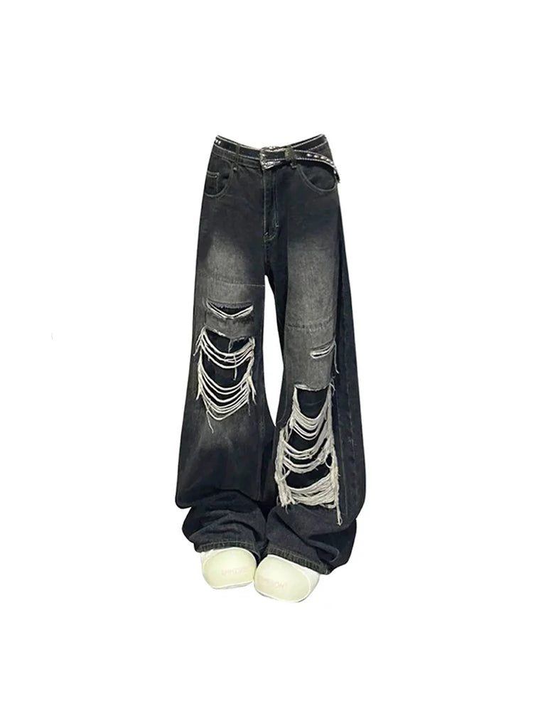 Advbridge Women's Black Gothic Y2k Ripped Jeans Baggy Aesthetic Denim Trousers Harajuku Oversize Jean Pants Vintage 2000s Trashy Clothes