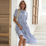Advbridge New Women's Short-sleeved Polka-dot Pleated Dress Round Neck Tie-up Elegant Dresses for Women Flare Sleeve Summer Dress