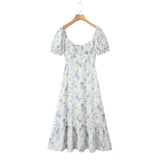 Advbridge Retro French Style Bra chest V neck White Blue Flower Print Women Midi Dress Puff Sleeve Ruffles Hem Tea Robe Femme Vestido