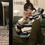 Advbridge Harajuku Style Retro Striped Hit Color Sweatshirt Polo Collar Pullover Female Sweatshirt Spring Autumn Loose Vintage Preppy Tops