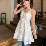 ADVBRIDGE  -  Y2K Hollow Out White Mini Dress Women Retro Kawaii Ruffles Spaghetti Strap Dress Woman Ballet Style Bowknot Sleeveless Dresses