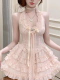 ADVBRIDGE  -  France Sweet Lace Pink Dresses Women Design Elegant Slim Bow Skinny Dress Female Fashion Lovely Sleeveless Dress Clothing New