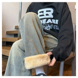 Advbridge Winter Men's jeans Women's Fleece Wide Leg Jean Straight Casual Fashion Denim Trousers Hip Hop Streetwear Thick Warm Pants 3XL-M