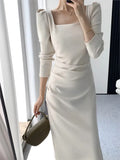 Advbridge Elegant Long Sleeve Midi Dresses for Women Square Collar Slim Waist Bodycon Split Dress Autumn New Solid Office Lady Vestidos