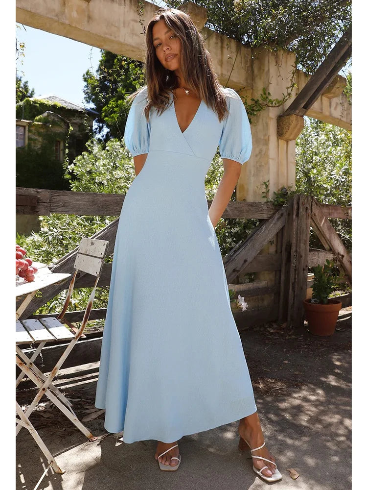 Advbridge Off Shoulder Textured Dress Women's Summer Blue Backless Holiday Sundress Elegant Holiday Party Maxi Vestidos Long Dress