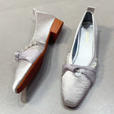ADVBRIDGE  -  Elegant String Bead Silk Ribbon Knot Design Low Heel Mary Jane Shoes Woman French Style Yellow Square Toe Chunky Heel Loafers