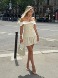 Advbridge White Elegant Off Shoulder Pleated Hem Mini Dress Women Chic Double Breasted Backless Slim Dresses Ladies New 2024 Party Vestido