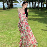 Advbridge Sexy V-neck Chiffon Dress for Women Summer New Holiday Travel Ruffle High Waist Thin Fashion Backless Sleeveless Long Dress