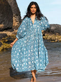 Advbridge Lantern Half Sleeve Cyan Bohemian Beach Midi Loose Dress Summer for Women Tie Up Casual Floral Holiday Midi Vestidos